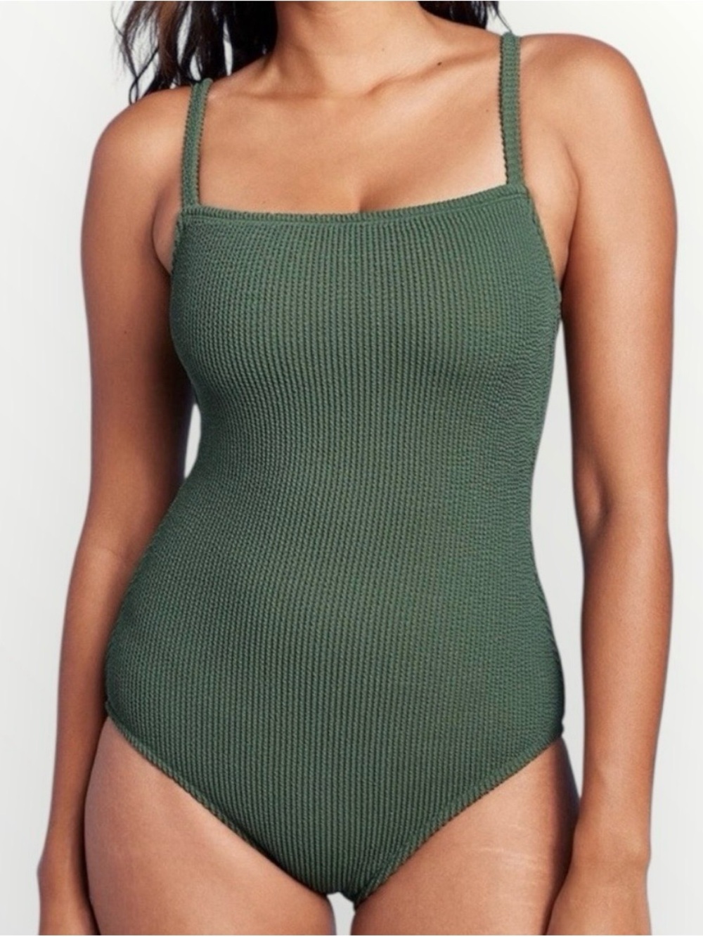Kona Sol Olive Ribbed Square-Neck One-Piece Swimsuit